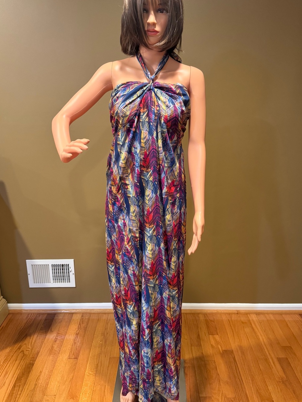attention Multicolor Halter Feather-Pattern Maxi Dress
